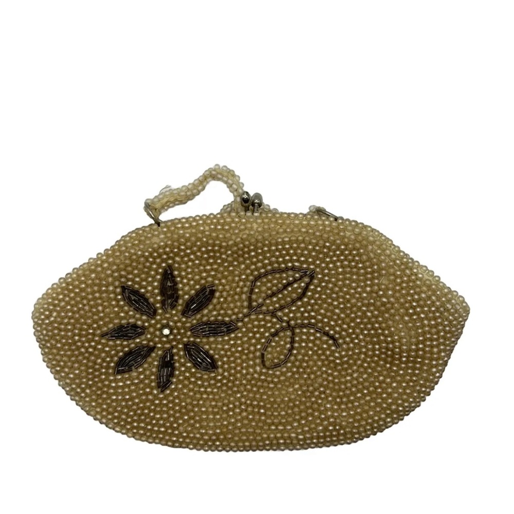 Vintage Clutch Purse Handbag Japan Faux Pearl Beaded Evening Bag Beige Floral